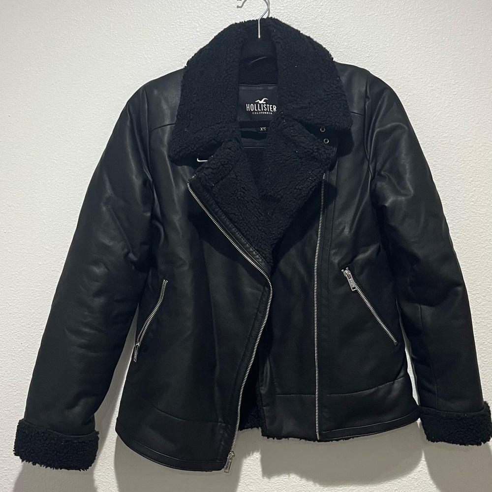 Black Heavy Leather Hollister Jacket, XS